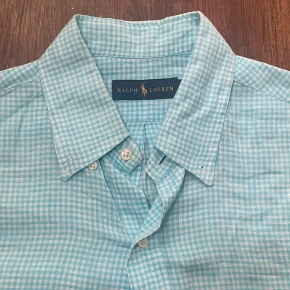 Ralph Lauren Polo Gingham Shirt Size Medium Blue 100% Linen - Picture 6 of 7